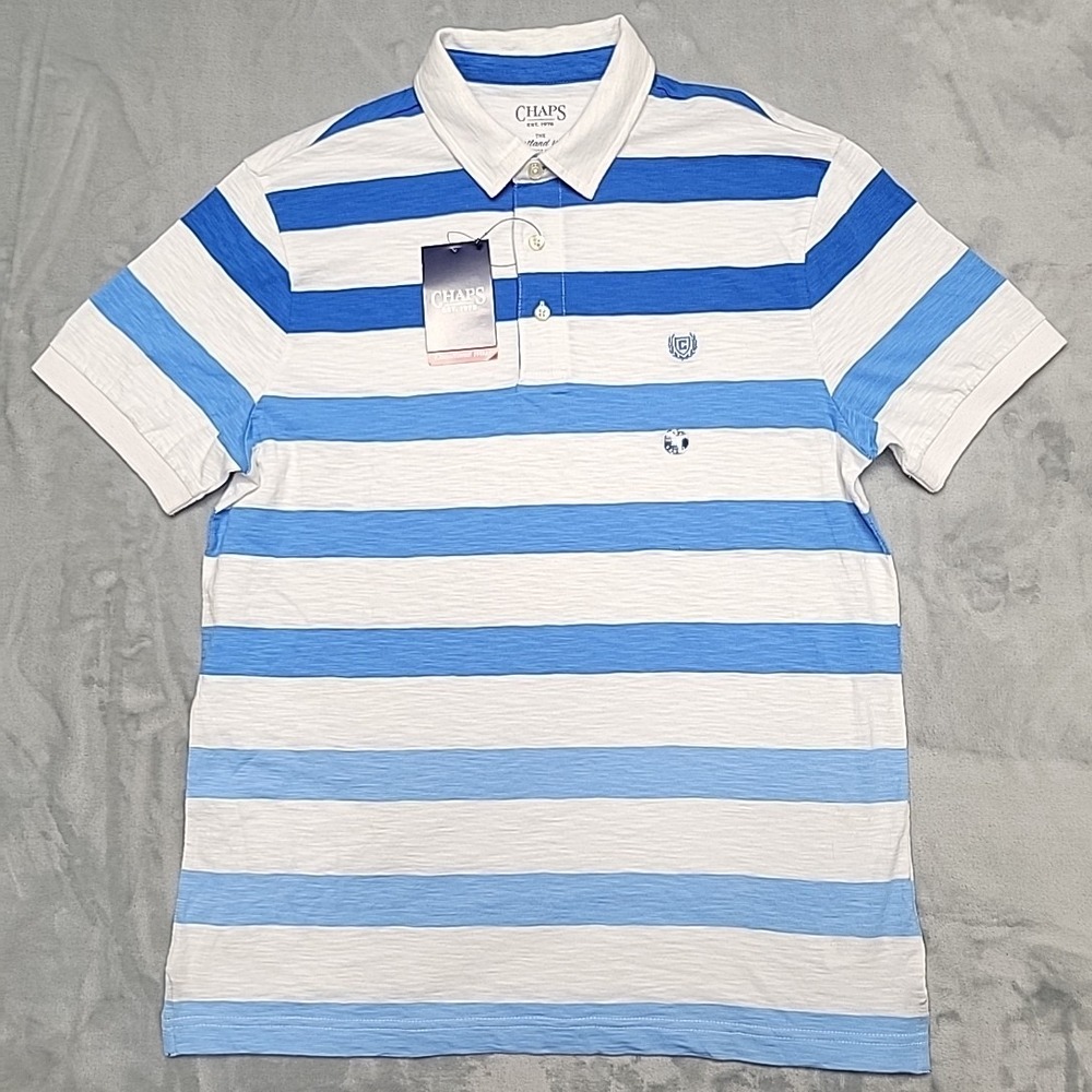 Chaps Shirt Men Medium Blue Coastland Wash Polo Striped Short Sleeve Casual NWT